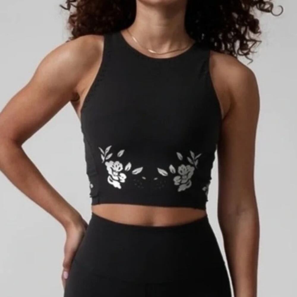 Athleta Black Floral Laser-Cut Conscious Crop Bra Top - Picture 2 of 7
